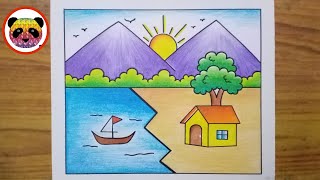 Scenery Drawing  Simple Landscape Scenery Drawing  How to Draw Beautiful Landscape Scenery [upl. by Heiskell650]