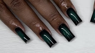 Square Black and Green Airbrushed Aura Acrylic Nail [upl. by Kamilah]