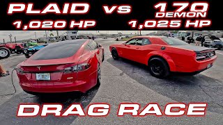 Is the 1025 HP Demon 170 really a Plaid Killer  Demon 170 vs Tesla Plaid 14 Mile DRAG RACE [upl. by Zeiler943]