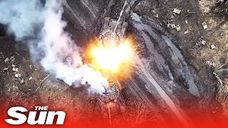 Ukrainian drones blow up Russian tanks in huge explosion [upl. by Yancey]