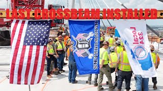 Ironworkers Local 25 Install The Last Steel Crossbeam  Gordie Howe International Bridge [upl. by Cestar611]