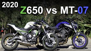 2020 Kawasaki Z650 vs Yamaha MT07 Compared  Beginner Motorcycles [upl. by Oahc341]