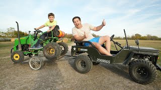 Farm work compilation with kids toy truck tractor chainsaw ATV ride on tools  Educational [upl. by Kerwin]