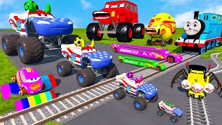 5 MONSTER TRUCKS vs Big amp Small Lightning Mcqueen vs Spinner Wheels vs Train Thomas  BeamNGDrive [upl. by Imot]