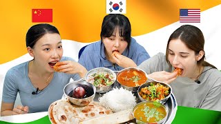 3 Countrys People TRY Thali For the First Time With Their Hand USA Korea China India [upl. by Ayital714]