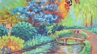 Autumn English Cotswolds Stream Landscape Acrylic Painting LIVE Tutorial [upl. by Aihtnic]