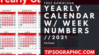 2021 Yearly Calendar Template with Week Numbers for Excel ► Free Download [upl. by Yrallam510]