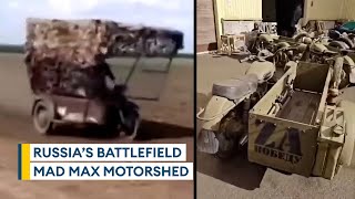 Ukraine Russian forces using Mad Maxstyle motorbike version of the Turtle Tank [upl. by Cristi]