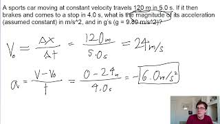 A sports car moving at constant velocity travels 120 m in 50 s If it then brakes and comes to a [upl. by Annayrb]