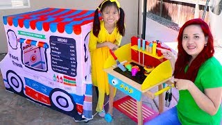 Wendy Pretend Play Cooking with Food Truck Tent amp Wooden BBQ Grill Toys [upl. by Idnim624]