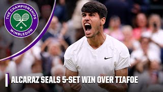 Carlos Alcaraz seals 5set win over Tiafoe with beautiful drop shot  Wimbledon on ESPN [upl. by Elehcar932]