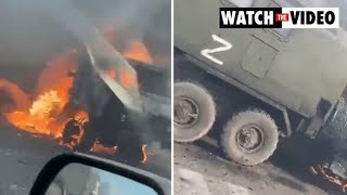 Footage shows destroyed Russian military vehicles at Kherson International Airport [upl. by Kipton]