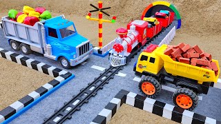 Crane truck rescue construction vehicle and sand leveling with excavator dump truck  Toy car story [upl. by Inerney]