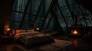 Heavy Rain Storm outside a Cozy Attic Bedroom w Burning Firewood🔥 Rain Sounds for Sleeping 💤 [upl. by Arreic]