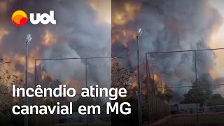 Crise climática Incêndio de grandes proporções atinge canavial em MG e forma fumaça espessa [upl. by Aiciruam]