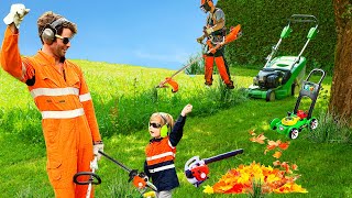 Lawn Mowing Leaf Blower Weed Eater Blippi toys Garbage trucks learning video for children [upl. by Allard]