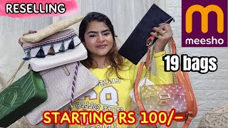 19 bags MEESHO HUGE HAUL  Reselling haul video  Slingh bags Handbags clutches starting Rs 100 [upl. by Aleakam]