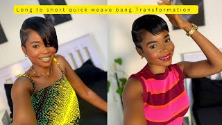 Quick weave on short Hair How to transform a long bangs to short bangs on short hair [upl. by Cory506]