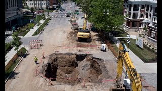 Droneseye view of 20foot deep sinkhole on Gilliam Road in Kansas City [upl. by Avot]