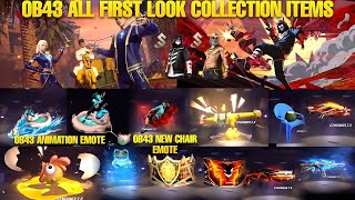 OB43 ALL FIRST LOOK COLLECTION ITEMS REVIEW  OB43 BUNDLES WEAPON SKIN ANIMATION EMOTE  FREE FIRE [upl. by Arihsan]