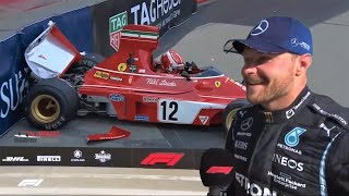 Bottas reacts to Charles Leclerc crashing Niki Laudas Ferrari at Monacomonacogpmonacorace [upl. by Yrolam]