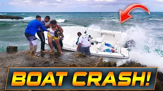 WARNING BOAT CRASHES INTO JETTY AT BOCA INLET   HAULOVER INLET  WAVY BOATS [upl. by Ecyak399]