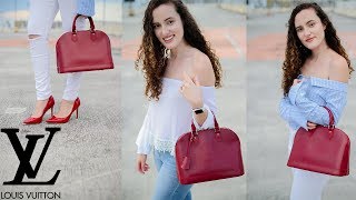 LOUIS VUITTON  Alma PM Epi Carmine  REVIEW amp RED PURSE OUTFIT IDEAS [upl. by Nhar]