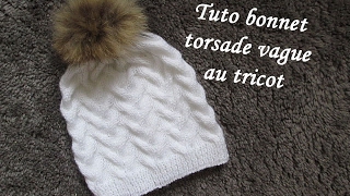 TUTO BONNET TORSADE VAGUE TRICOT Hat beanie knitting GORRO DE TRENZAS AGUJAS [upl. by Raskind]