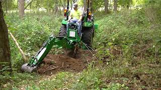 John Deere 2032r 2038r 270B backhoe fixing a trail [upl. by Philbert]