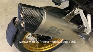 R1250GS SCProject muffler sound baffles in vs baffles out [upl. by Garrik]