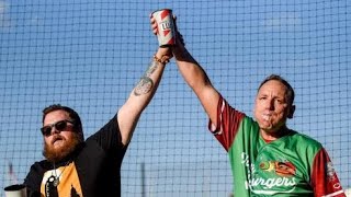 Joey Chestnut nearly eclipses Nathans contest winner during exhibition at Army base in Texas [upl. by Mellar752]