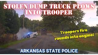 STOLEN DUMP TRUCK plows into police  Arkansas State Troopers fire weapons into engine pursuit [upl. by Barnett855]