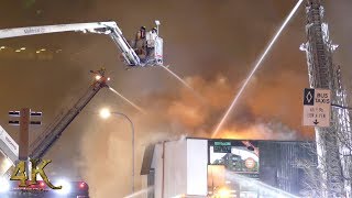 Montréal Incendie commercial Crémazie  Extensive fire fighting at 4th alarm 1222018 [upl. by Rise]