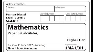 Edexcel GCSE Maths Higher Paper 2017  Paper 3 Questions 16  20 [upl. by Erodroeht]