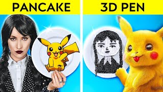 FANTASTIC 3D PEN VS PANCAKE ART CHALLENGE  Wednesday Addams vs Pokemon Whos Better by 123 GO [upl. by Zaria874]