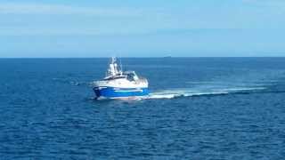 Rolling fishing vessel approaching Peterhead Harbour [upl. by Ahsit]