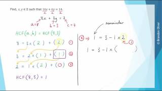 Using the Euclidean algorithm to find solutions to linear Diophantine equations  Ex 1 [upl. by Vinna]