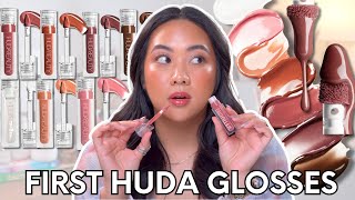 HUDA BEAUTY FAUX FILLER SHINY NONSTICKY LIP GLOSS  FIRST IMPRESSION  FULL COLLECTION SWATCHES [upl. by Berrie]