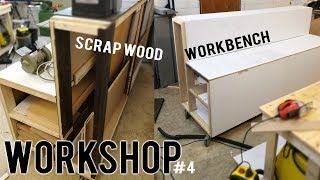 WORKSHOP part 4 – DIY scrap wood WORKBENCH  storage  WHEELS [upl. by Adeys61]