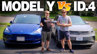 2023 Volkswagen ID4 vs 2023 Tesla Model Y Comparison Test [upl. by Eidod]