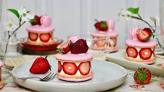 STRAWBERRY MACARON CAKE RECIPE  FRAISIER CAKE  MACARON [upl. by Piane]