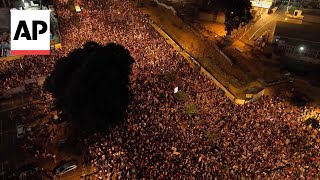 Drone view Huge Tel Aviv protest after deaths of Israeli hostages in Gaza [upl. by Marl317]