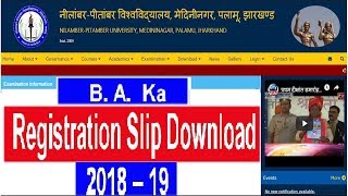 Nilamber Pitamber University registration slip kaise nikale BA kaपंजीकरण पर्ची kaise nikale 201819 [upl. by Nyrroc876]