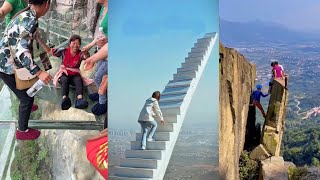 😱Scariest Cliffside Glass Walkway😂Funny moments about fear of heights Amazing chinese landscape [upl. by Ynattib]