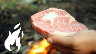 Ultimate KOBE Wagyu Beef Steak on FIRE in NATURE with KING MUSHROOMS [upl. by Ahtnammas]