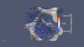 TPMS porous media Vorticity magnitude streamlines in a gyroid pore volume xnormal view [upl. by Hetti]