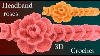 Diadema a Crochet con flores rosas tejidas 3D en punto tunecino tejido tallermanualperu [upl. by Zoeller]