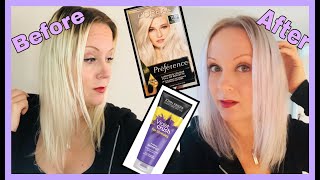 How to dye Platinum Blonde at home  John Frieda purple shampoo  Loreal Prefrence honest review [upl. by Marchall]