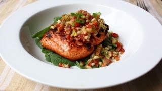 Grilled Salmon with Bacon amp Corn Relish  Salmon with Warm Sweet Corn and Bacon Relish Recipe [upl. by Hcab]