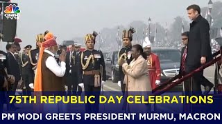 75th Republic Day PM Modi Greets Droupadi Murmu amp Chief Guest Emmanuel Macron At Kartavya Path [upl. by Ahsemot]